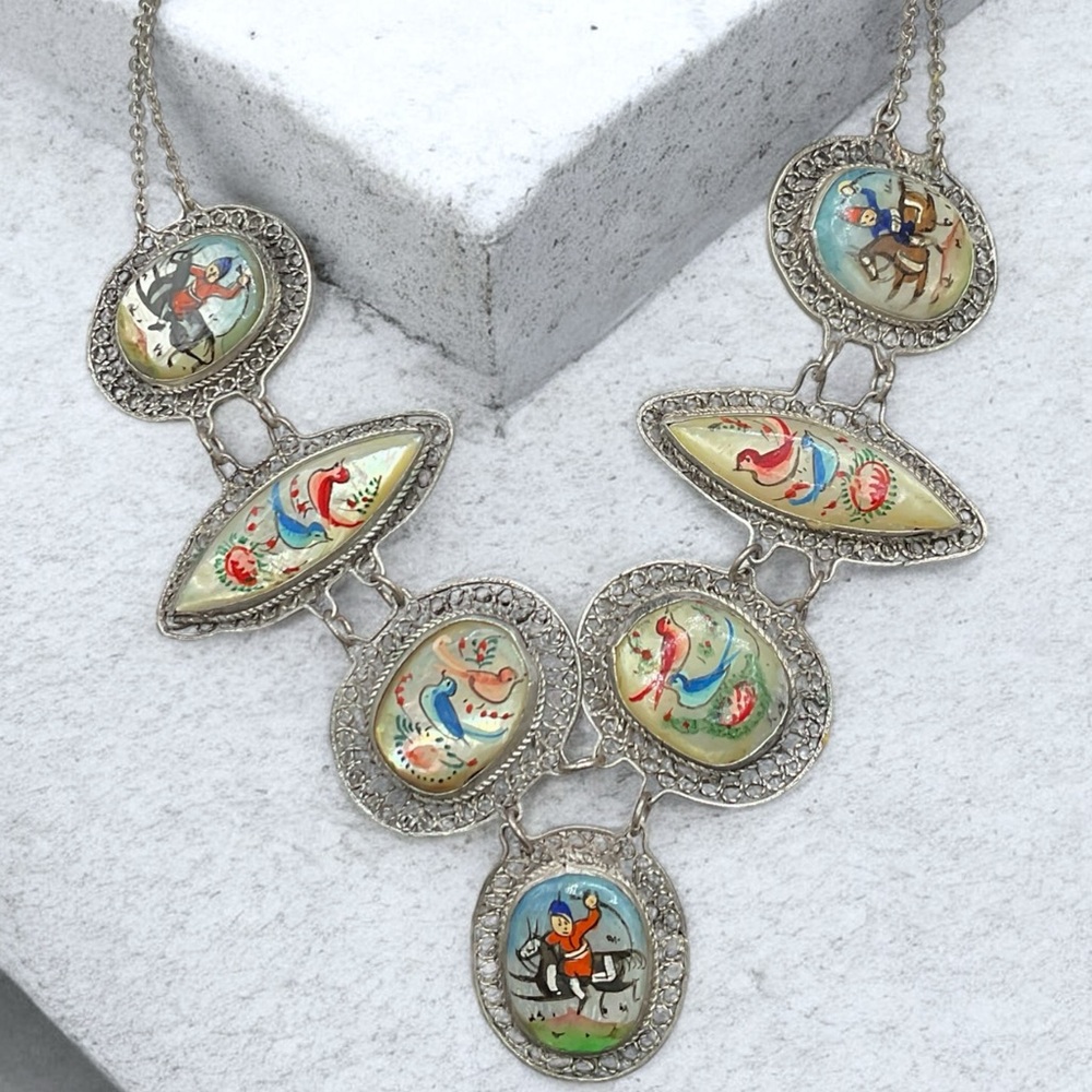 🌺 Antique Persian Hand-Painted Mother of Pearl Necklace & Earrings - Picture 15 of 15